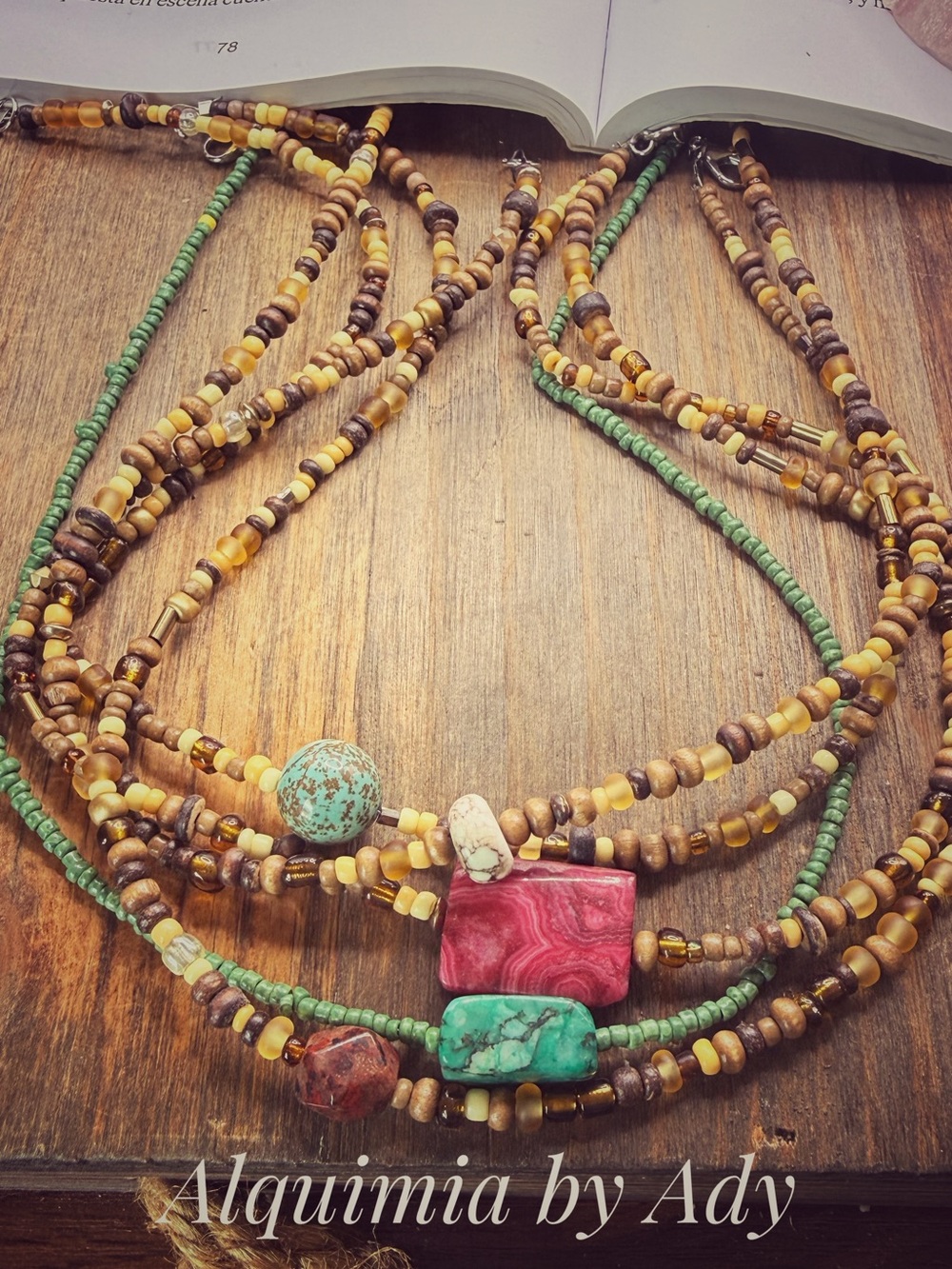Alquimia Multistrand Beaded Necklace in Turquoise, Pink and Brown